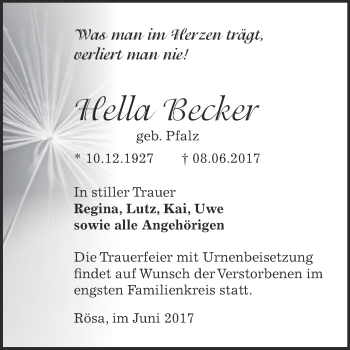 Traueranzeige von Hella Becker von WVG - Wochenspiegel Bitterfeld