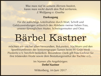Traueranzeige von Bärbel Kastner von Mitteldeutsche Zeitung Wittenberg