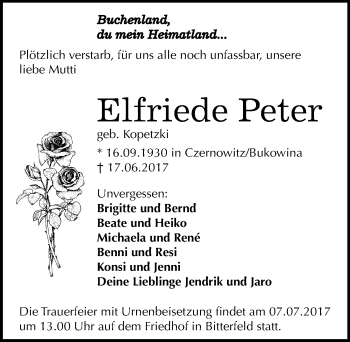 Traueranzeige von Elfriede Peter von Mitteldeutsche Zeitung Bitterfeld