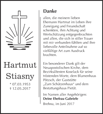 Traueranzeige von Hartmut Stiasny von WVG - Wochenspiegel Bitterfeld