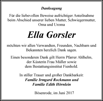 Traueranzeige von Ella Gorsler von Mitteldeutsche Zeitung Sangerhausen