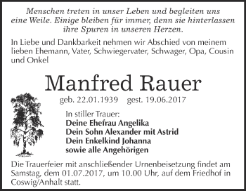 Traueranzeige von Manfred Rauer von Super Sonntag Wittenberg