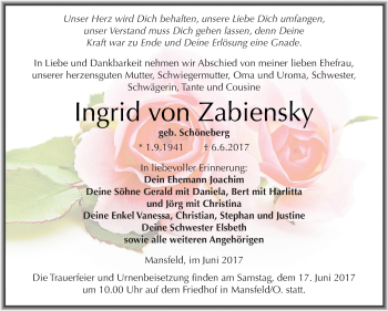 Traueranzeige von Ingrid von Zabiensky von Super Sonntag SGH Mansf. Land