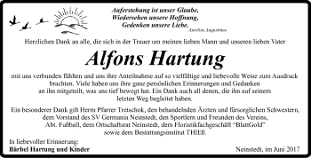 Traueranzeige von Alfons Hartung von Super Sonntag Quedlinburg