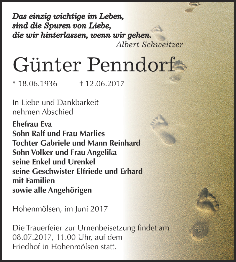  Traueranzeige für Günter Penndorf vom 21.06.2017 aus WVG - Wochenspiegel NMB / WSF / ZTZ