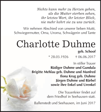 Traueranzeige von Charlotte Duhme von WVG - Wochenspiegel Quedlinburg
