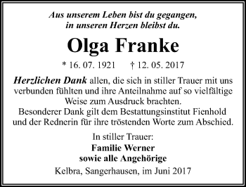 Traueranzeige von Olga Franke von Mitteldeutsche Zeitung Sangerhausen