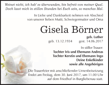 Traueranzeige von Gisela Börner von WVG - Wochenspiegel Merseburg
