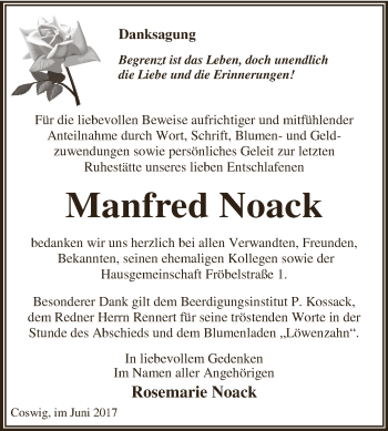 Traueranzeige von Manfred Noack von WVG - Wochenspiegel Dessau / Köthen
