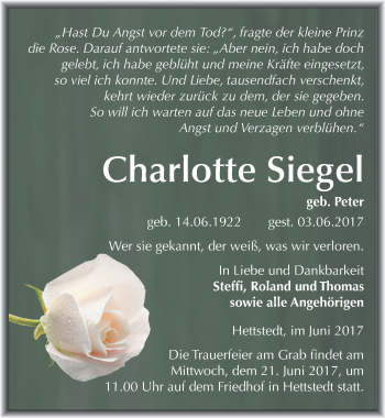 Traueranzeige von Charlotte Siegel von Mitteldeutsche Zeitung Mansfelder Land