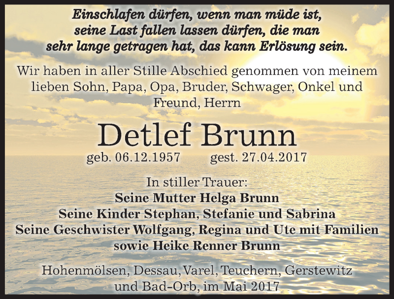  Traueranzeige für Detlef Brunn vom 03.06.2017 aus Mitteldeutsche Zeitung Weißenfels