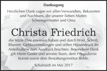 Traueranzeige von Christa Friedrich von Super Sonntag Merseburg