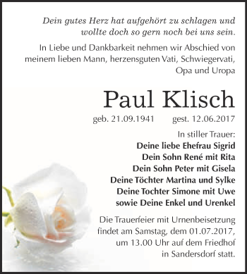 Traueranzeige von Paul Klisch von WVG - Wochenspiegel Bitterfeld