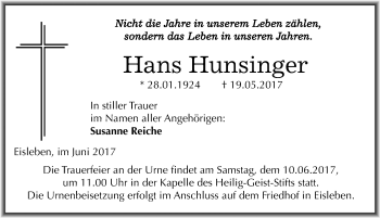 Traueranzeige von Hans Hunsinger von Mitteldeutsche Zeitung Mansfelder Land