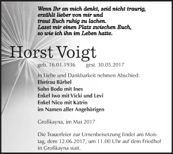 Traueranzeige von Horst Voigt von WVG - Wochenspiegel Merseburg