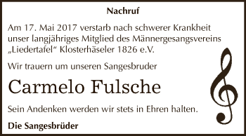Traueranzeige von Carmelo Fulsche von WVG - Wochenspiegel NMB / WSF / ZTZ