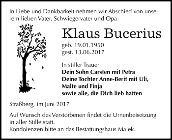 Traueranzeige von Klaus Bucerius von Mitteldeutsche Zeitung Quedlinburg