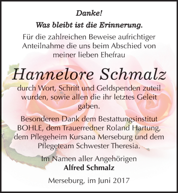 Traueranzeige von Hannelore Schmalz von Mitteldeutsche Zeitung Merseburg/Querfurt