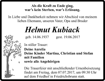 Traueranzeige von Helmut Kubiack von Super Sonntag Quedlinburg