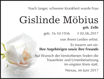 Traueranzeige von Gislinde Möbius von Mitteldeutsche Zeitung Bitterfeld