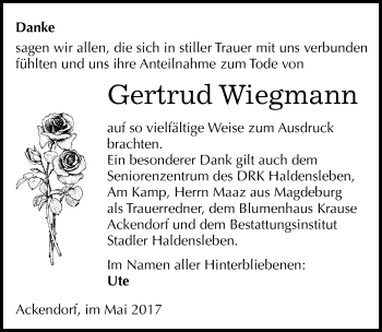 Traueranzeige von Gertrud Wiegmann von Mitteldeutsche Zeitung Dessau-Roßlau