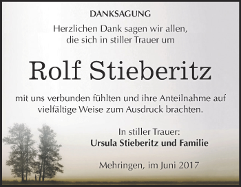 Traueranzeige von Rolf Stieberitz von Super Sonntag Aschersleben