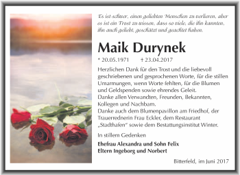 Traueranzeige von Maik Durynek von WVG - Wochenspiegel Bitterfeld