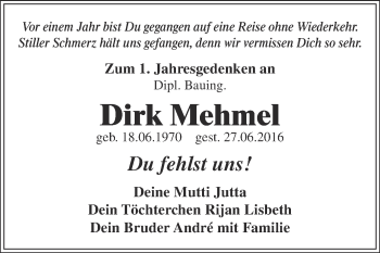 Traueranzeige von Dirk Mehmel von WVG - Wochenspiegel Dessau / Köthen