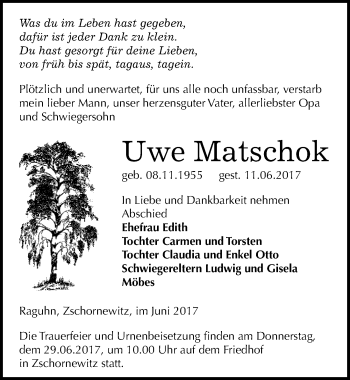 Traueranzeige von Uwe Matschok von Mitteldeutsche Zeitung Wittenberg