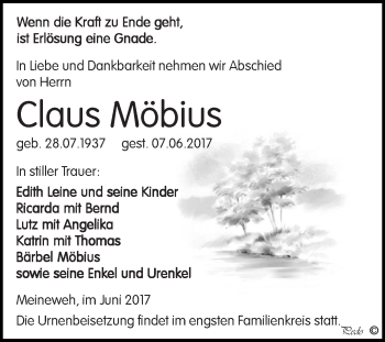 Traueranzeige von Claus Möbius von WVG - Wochenspiegel NMB / WSF / ZTZ