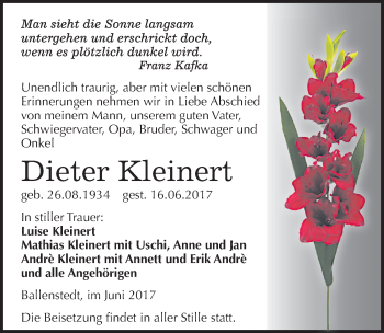 Traueranzeige von Dieter Kleinert von Mitteldeutsche Zeitung Quedlinburg