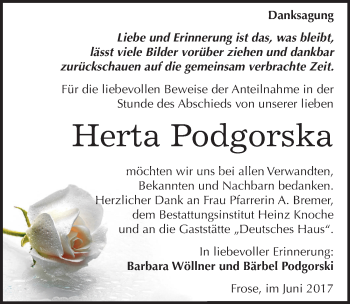 Traueranzeige von Herta Podgorska von Mitteldeutsche Zeitung Aschersleben