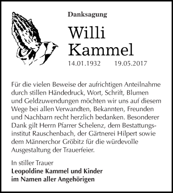 Traueranzeige von Willi Kammel von WVG - Wochenspiegel NMB / WSF / ZTZ