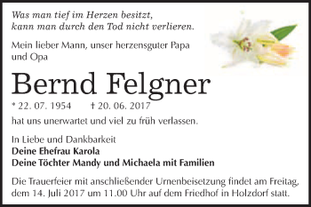 Traueranzeige von Bernd Felgner von WVG - Wochenspiegel Wittenberg