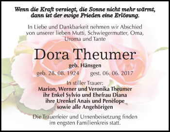Traueranzeige von Dora Theumer von Wochenspiegel Mansfelder Land