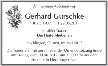 Traueranzeige von Gerhard Gurschke von Super Sonntag Bernburg