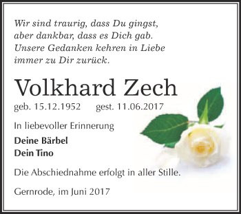 Traueranzeige von Volkhard Zech von Super Sonntag Quedlinburg