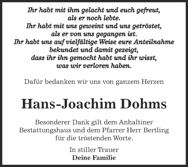  Traueranzeige für Hans-Joachim Dohms vom 01.07.2017 aus WVG - Wochenspiegel Dessau / Köthen