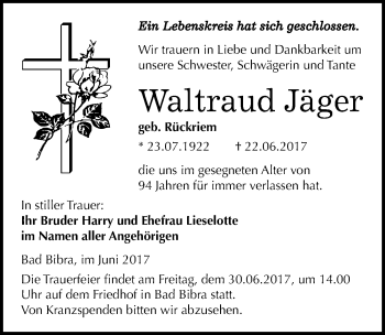 Traueranzeige von Waltraud Jäger von Mitteldeutsche Zeitung Naumburg/Nebra