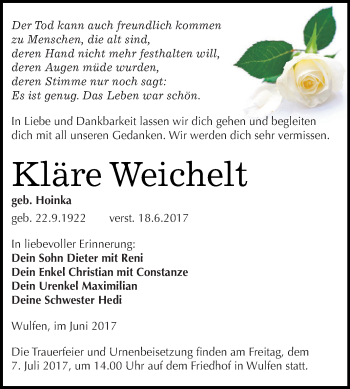 Traueranzeige von Kläre Weichelt von WVG - Wochenspiegel Dessau / Köthen