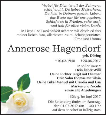 Traueranzeige von Annerose Hagendorf von Mitteldeutsche Zeitung Wittenberg