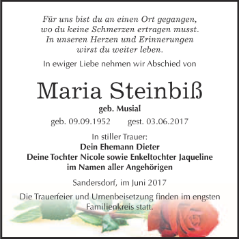 Traueranzeige von Maria Steinbiß von WVG - Wochenspiegel Bitterfeld