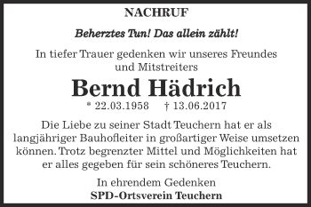 Traueranzeige von Bernd Hädrich von WVG - Wochenspiegel NMB / WSF / ZTZ