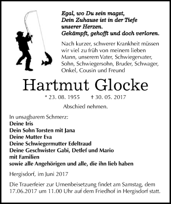 Traueranzeige von Hartmut Glocke von Mitteldeutsche Zeitung Mansfelder Land