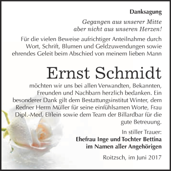 Traueranzeige von Ernst Schmidt von WVG - Wochenspiegel Bitterfeld