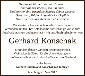 Traueranzeige von Gerhard Konschak von Super Sonntag Bernburg