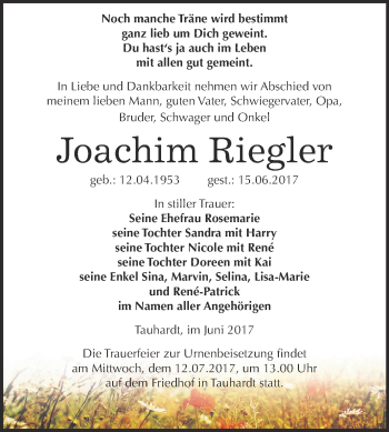 Traueranzeige von Joachim Riegler von WVG - Wochenspiegel NMB / WSF / ZTZ