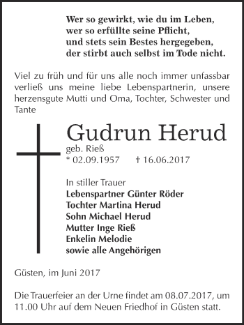 Traueranzeige von Gudrun Herud von Super Sonntag Bernburg