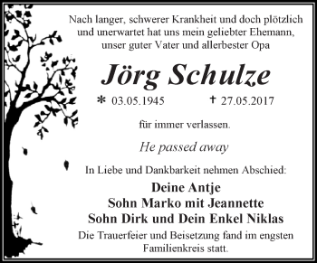 Traueranzeige von Jörg Schulze von WVG - Wochenspiegel Dessau / Köthen