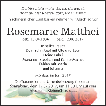 Traueranzeige von Rosemarie Matthei von WVG - Wochenspiegel Wittenberg